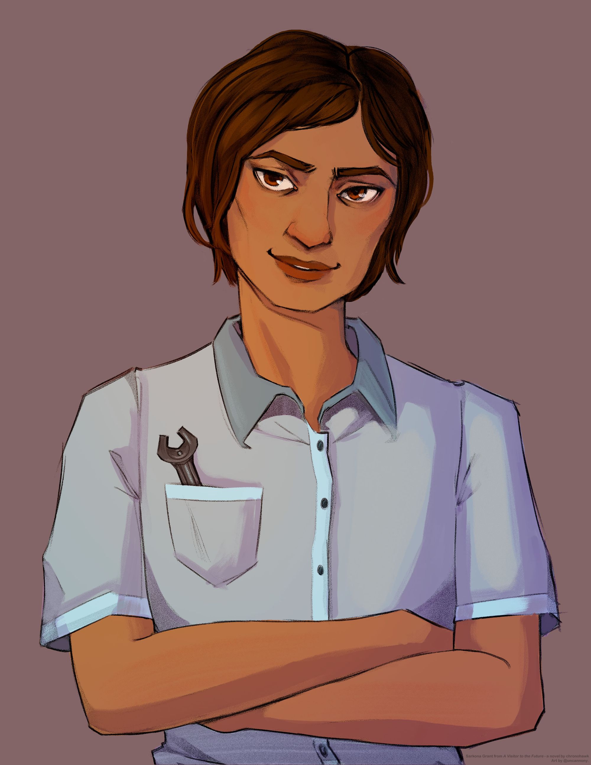 A picture of Sarkona Grant, a non-binary human of Indian descent. Their facial features are androgynous and sharp.